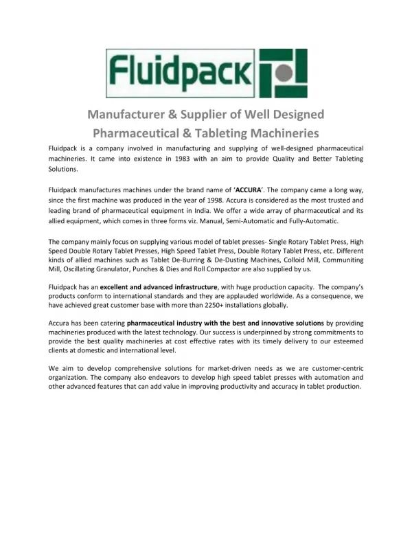 Manufacturer & Supplier of Well Designed Pharmaceutical & Tableting Machineries