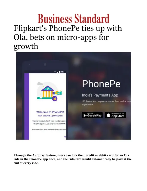 Flipkart's PhonePe ties up with Ola, bets on micro-apps for growth 