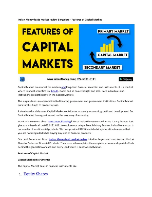 Indian Money leads market review Bangalore - Features of Capital Market