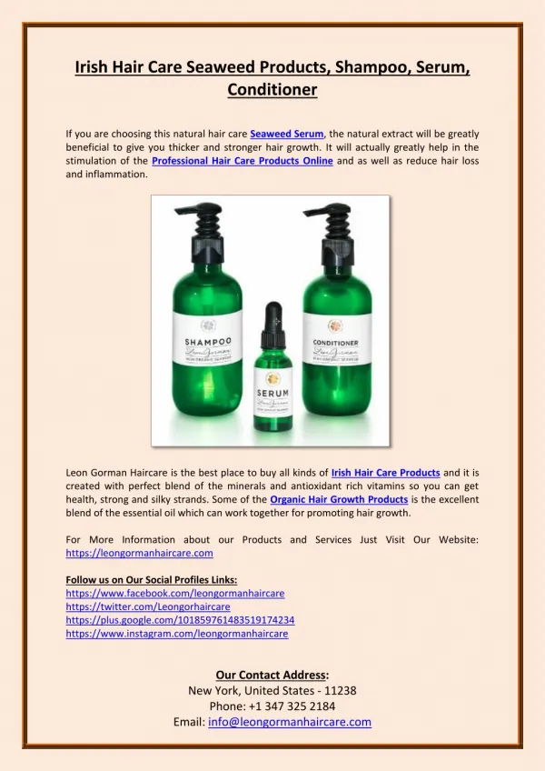 Irish Hair Care Seaweed Products, Shampoo, Serum, Conditioner - Leon Gorman Haircare