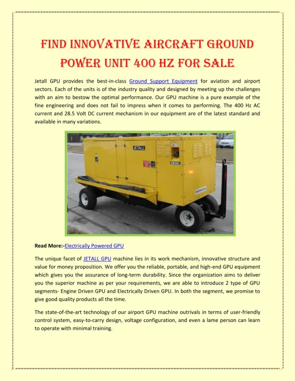 Find Innovative Aircraft Ground Power Unit 400 Hz
