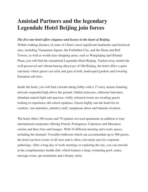 Amistad Partners and the legendary Legendale Hotel Beijing join forces