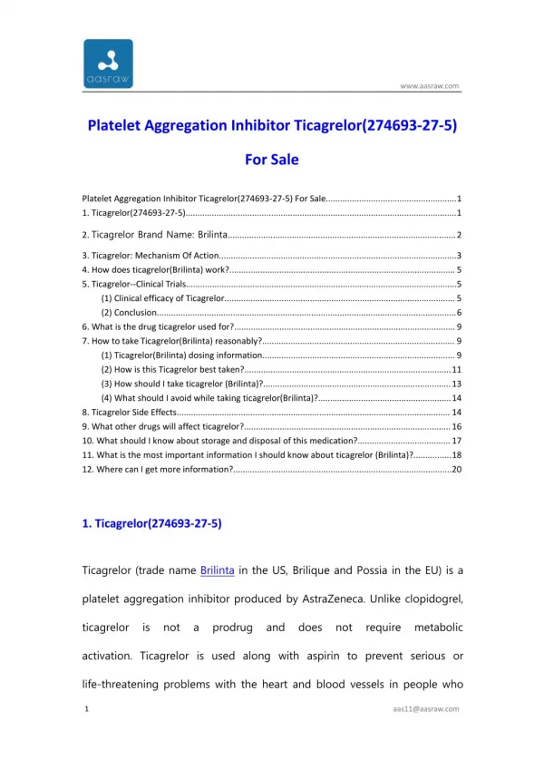 Platelet Aggregation Inhibitor Ticagrelor(274693-27-5) for sale
