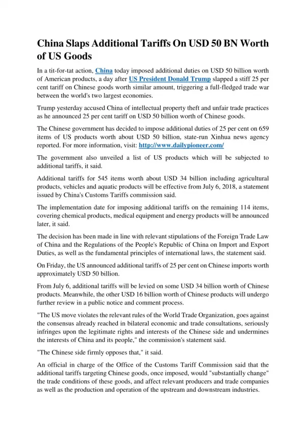 China Slaps Additional Tariffs On USD 50 BN Worth of US Goods
