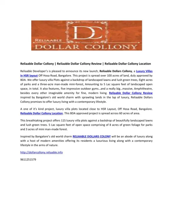 Reliaable Dollar Collony | Reliaable Dollar Collony Review | Reliaable Dollar Collony Location