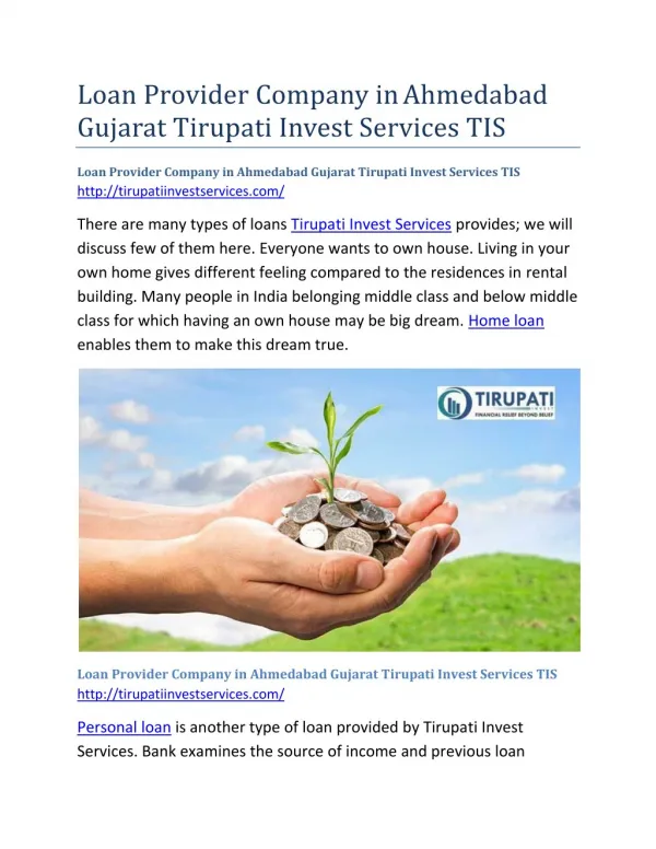 Loan Provider Company in Ahmedabad Gujarat Tirupati Invest Services TIS