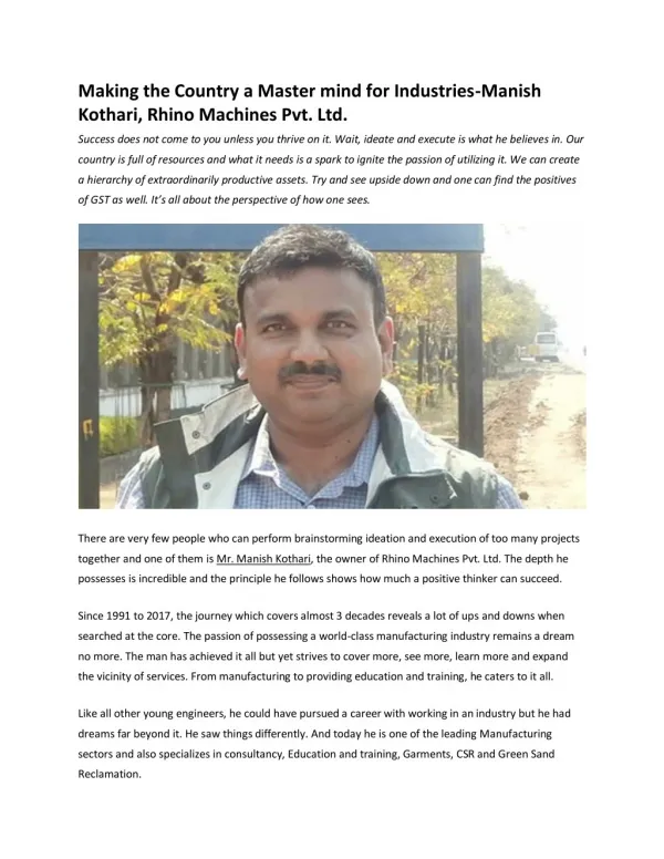 Making the Country a Master mind for Industries-Manish Kothari, Rhino Machines Pvt. Ltd.