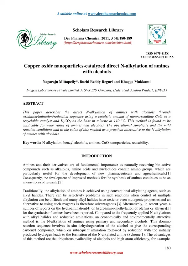 Copper oxide nanoparticles-catalyzed direct N-alkylation of amines with alcohols