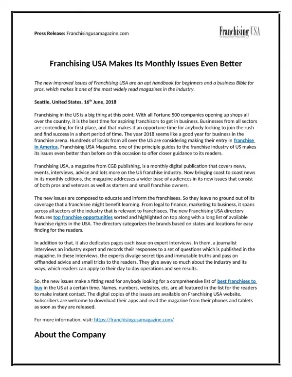 Franchising USA Makes Its Monthly Issues Even Better