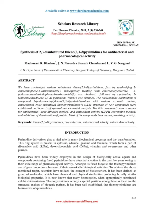 Synthesis of 2,3-disubstituted thieno(2,3-d)pyrimidines for antibacterial and pharmacological activity