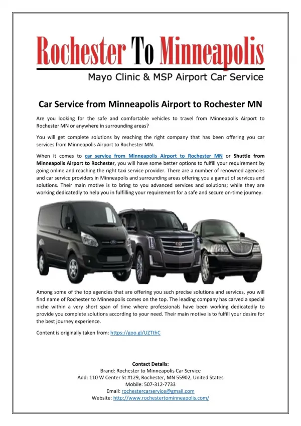 Car Service from Minneapolis Airport to Rochester MN