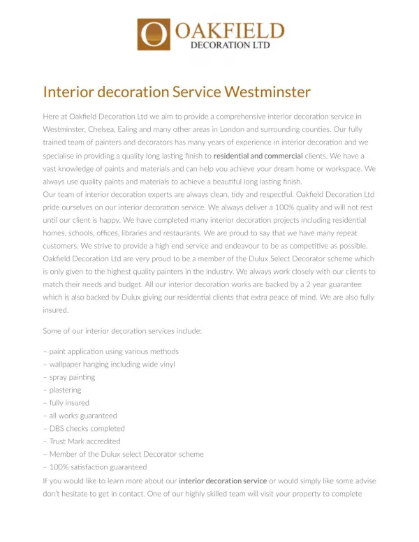 Interior decoration Service Westminster