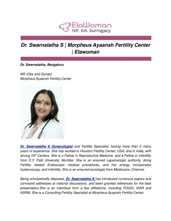 Dr. Swarnalatha S | Morpheus Ayaansh Fertility Center | Elawoman