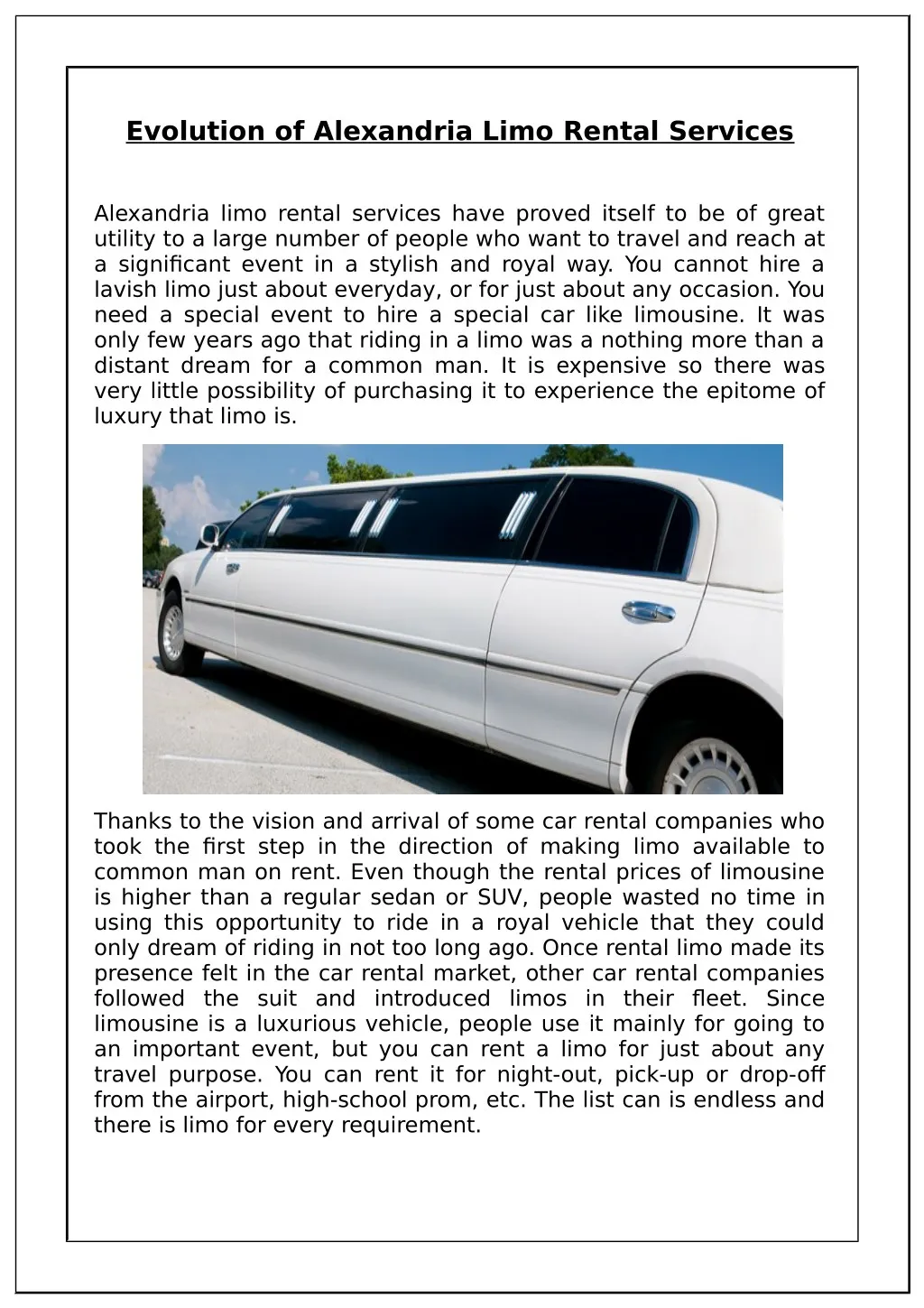 evolution of alexandria limo rental services