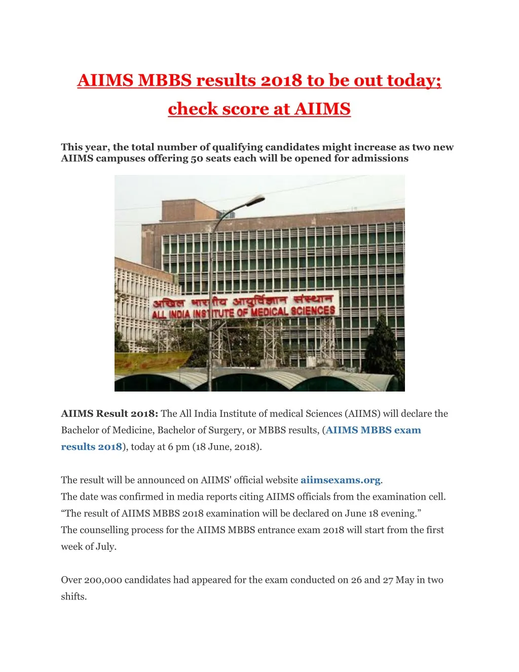 aiims mbbs results 2018 to be out today