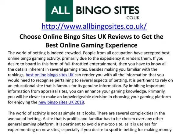 Choose Online Bingo Sites UK Reviews to Get the Best Online Gaming Experience