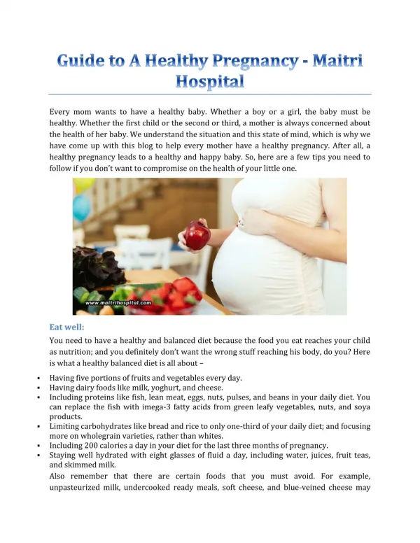 Guide To A Healthy Pregnancy - Maitri Hospital