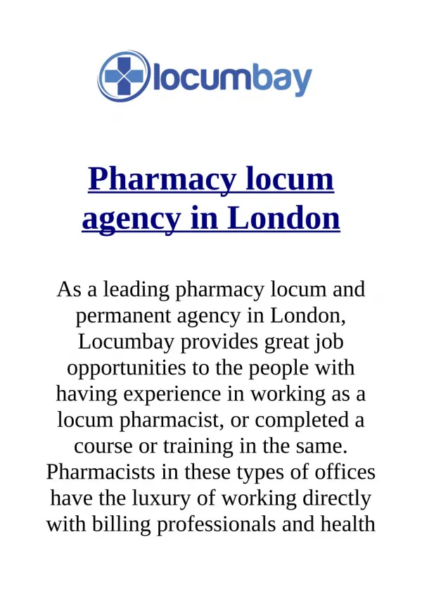 Pharmacy locum agency in London