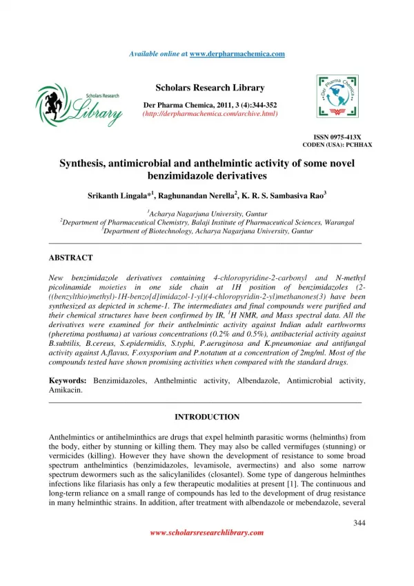 Synthesis, antimicrobial and anthelmintic activity of some novel benzimidazole derivatives