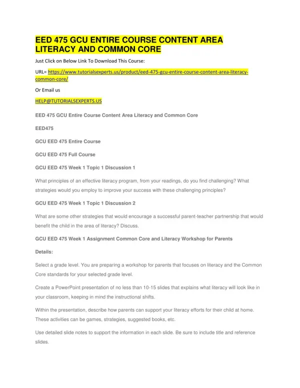EED 475 GCU ENTIRE COURSE CONTENT AREA LITERACY AND COMMON CORE