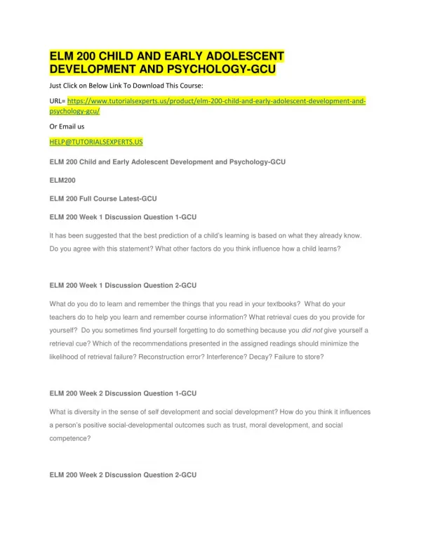 ELM 200 CHILD AND EARLY ADOLESCENT DEVELOPMENT AND PSYCHOLOGY-GCU