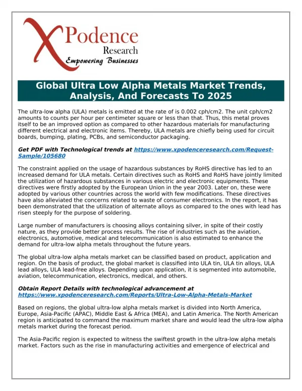 Ultra Low Alpha Metals Market to Receive Overwhelming Hike in Revenues by 2025