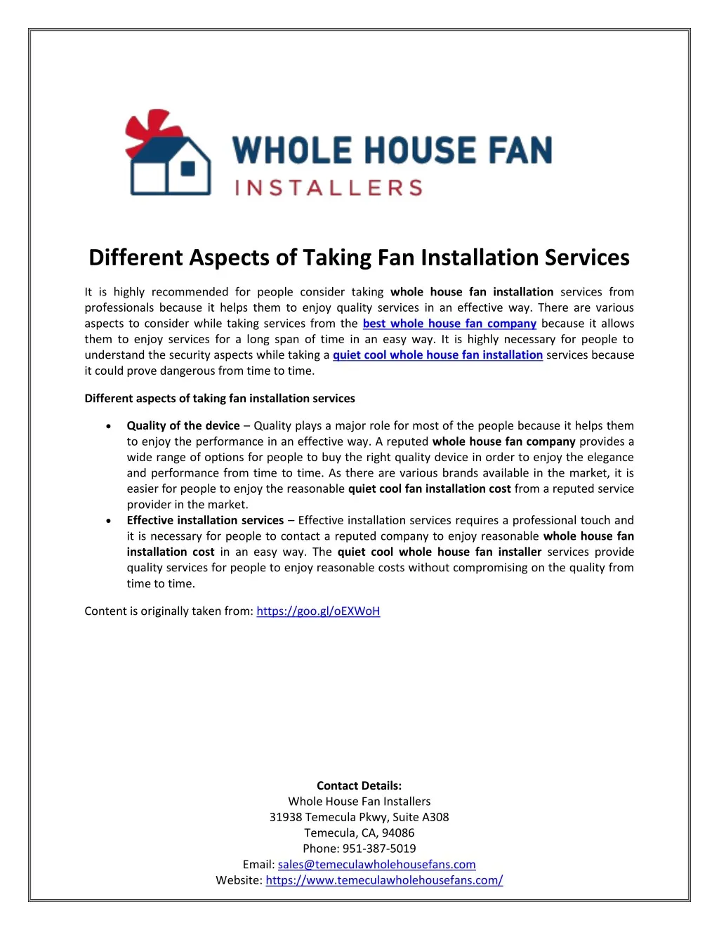 different aspects of taking fan installation