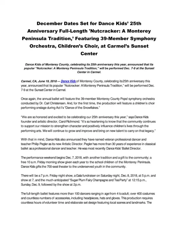 December Dates Set for Dance Kids’ 25th Anniversary Full-Length 'Nutcracker: A Monterey Peninsula Tradition,’ Featur