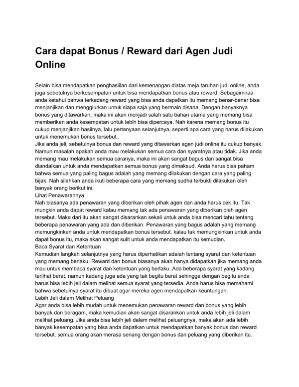 Cara dapat Bonus / Reward dari Agen Judi Online