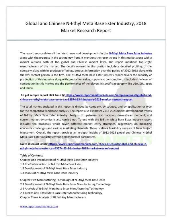 Global and Chinese N-Ethyl Meta Base Ester Industry, 2018 Market Research Report