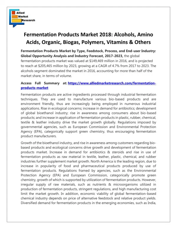 Fermentation Products Market 2018 : Alcohols, Amino Acids, Organic, Biogas, Polymers, Vitamins & Others