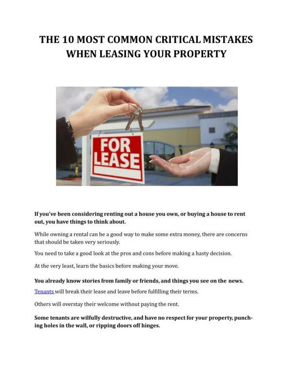 THE 10 MOST COMMON CRITICAL MISTAKES WHEN LEASING YOUR PROPERTY