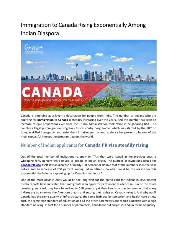 Immigration to Canada,Canada Tourist Visa consultants in India - Global Tree