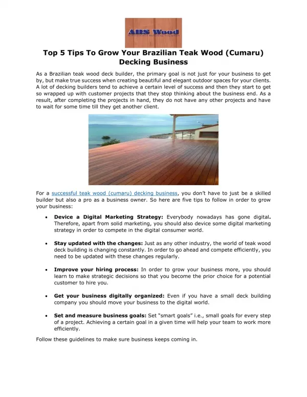 Top 5 Tips To Grow Your Brazilian Teak Wood (Cumaru) Decking Business