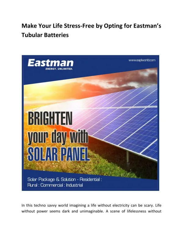 Make Your Life Stress-Free by Opting for Eastmanâ€™s Tubular Batteries