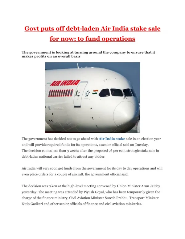 Govt puts off debt-laden Air India stake sale for now; to fund operations