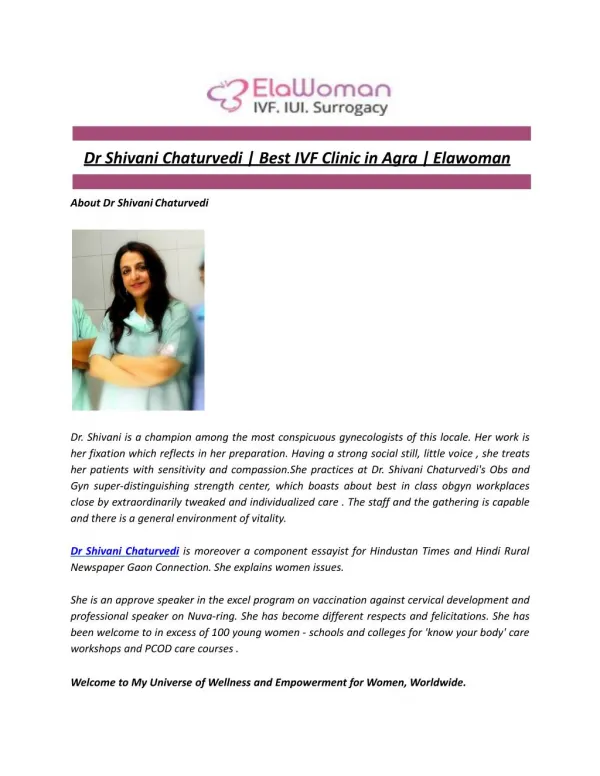 Dr Shivani Chaturvedi | Best IVF Clinic in Agra | Elawoman