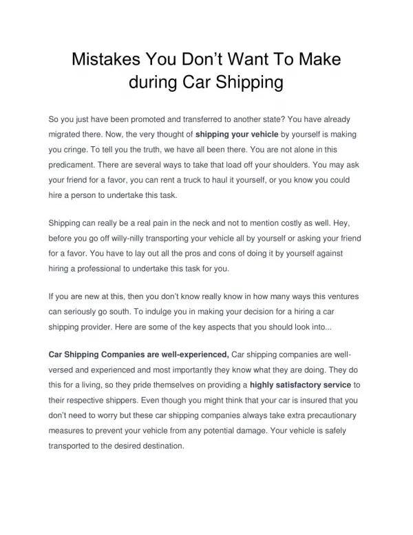 Mistakes you don’t want to make during car shipping