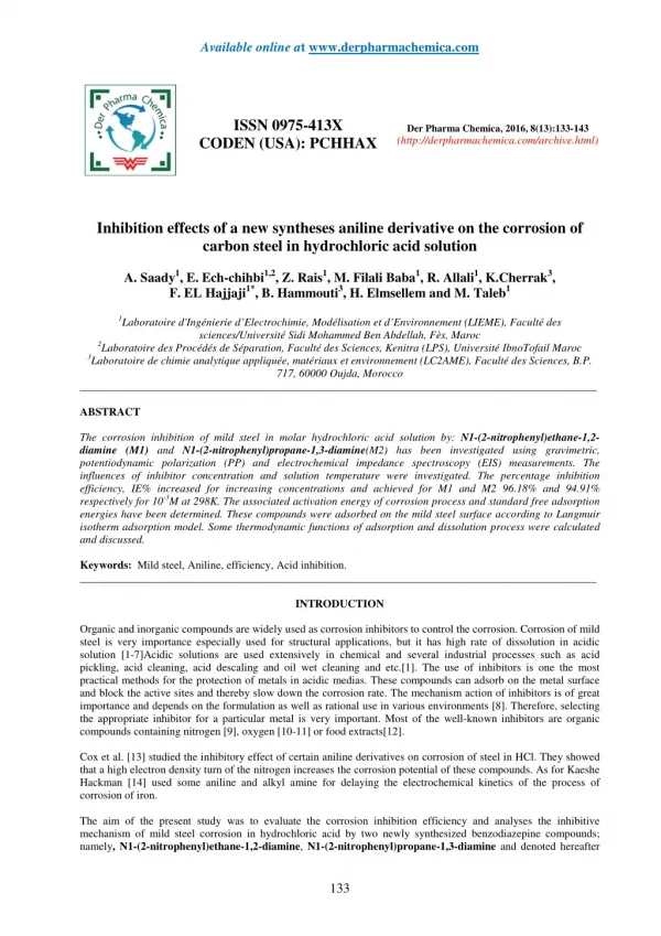 Inhibition effects of a new syntheses aniline derivative on the corrosion of carbon steel in hydrochloric acid solution