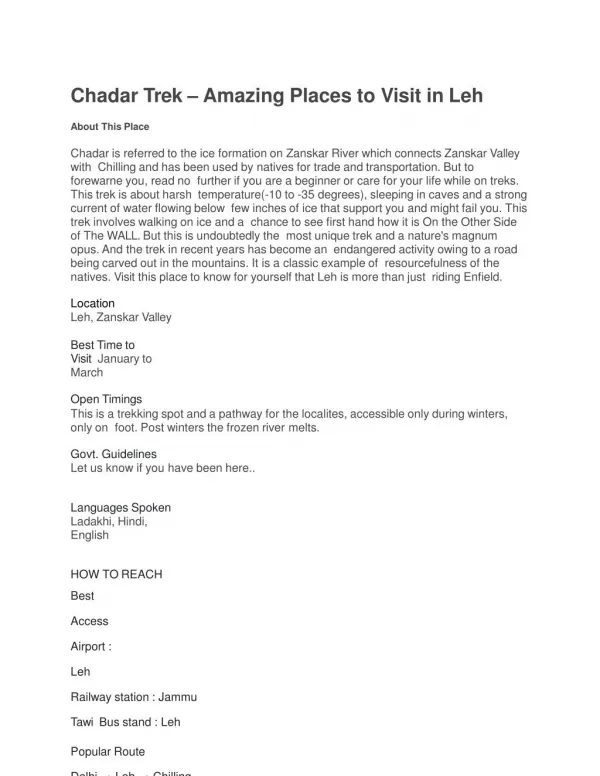 Chadar Trek – Amazing Places to Visit in Leh