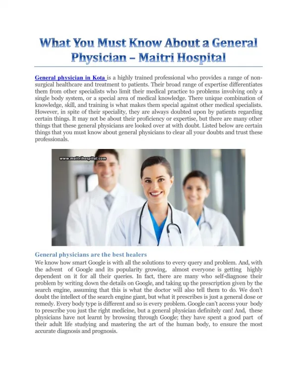 What You Must Know About A General Physician - Maitri Hospital