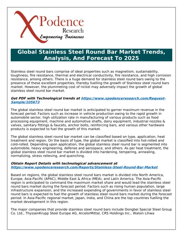 Global Stainless Steel Round Bar Market : Roadmap to Win and Drive Customer Value