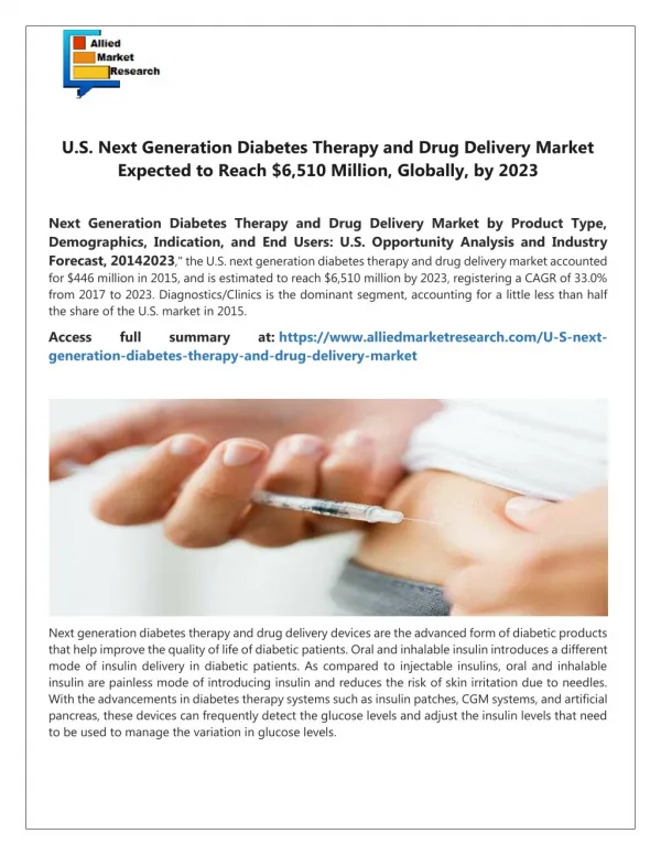 U.S. Next Generation Diabetes Therapy and Drug Delivery Market Expected to Reach $6,510 Million, Globally, by 2023
