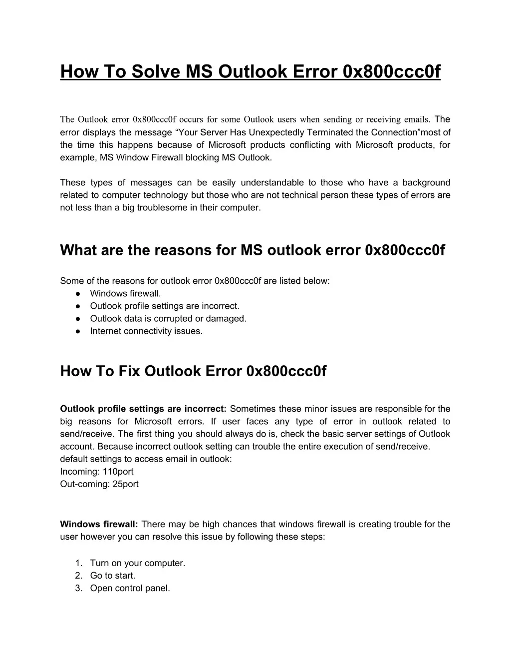 how to solve ms outlook error 0x800ccc0f