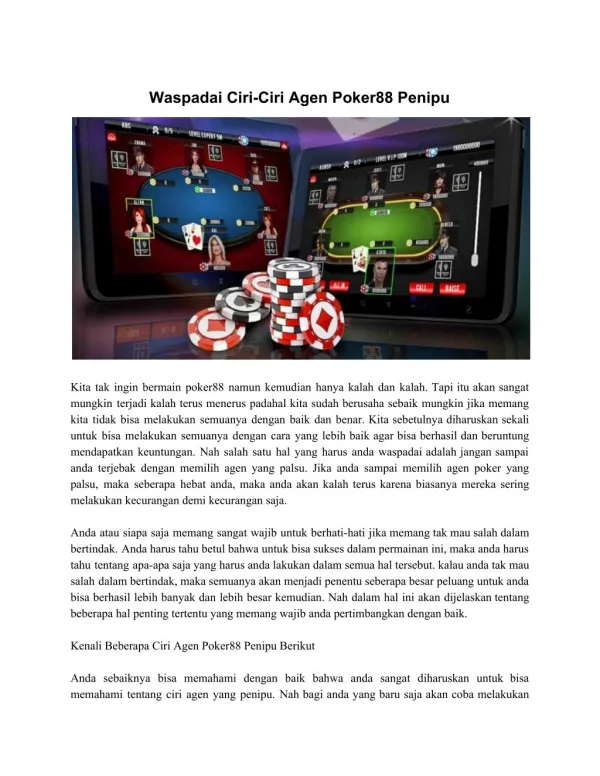 Waspadai Ciri-Ciri Agen Poker88 Penipu