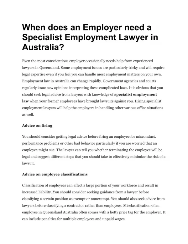 When does an employer need a specialist employment lawyer in australia