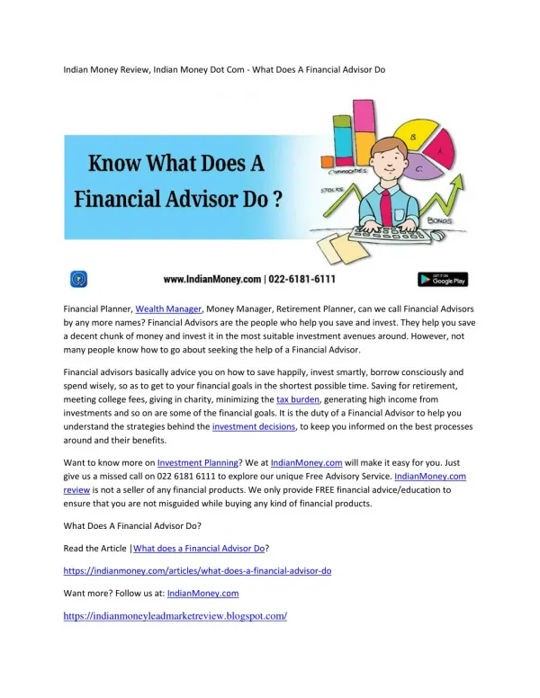Indian Money Review, Indian Money Dot Com - What Does A Financial Advisor Do