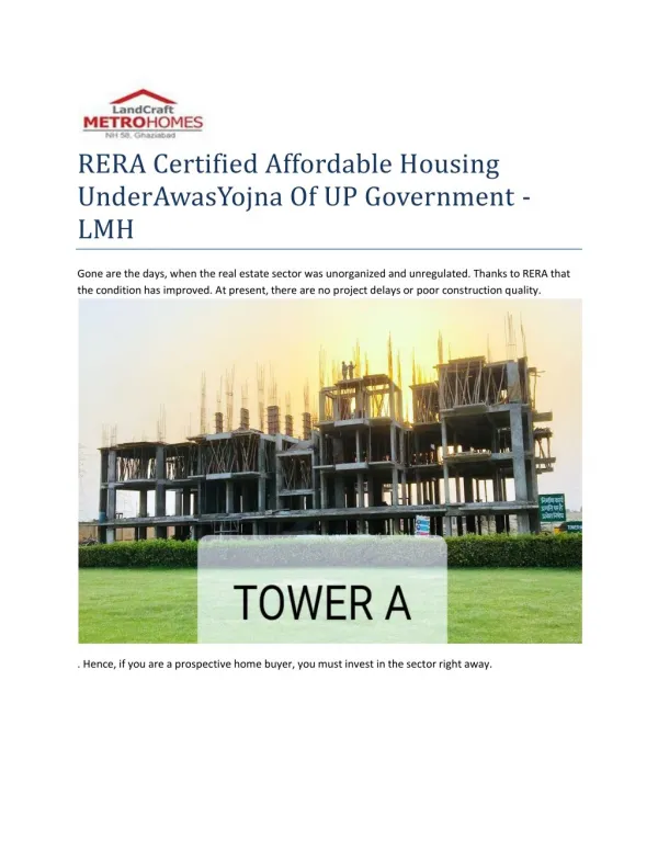 RERA Certified Affordable Housing UnderAwasYojna Of UP Government - LMH