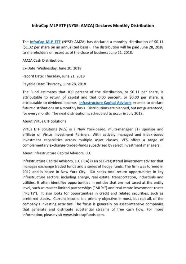 InfraCap MLP ETF (NYSE: AMZA) Declares Monthly Distribution