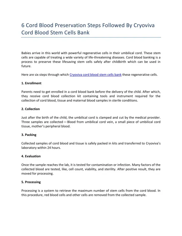 Cryoviva Cord Blood Stem Cells Banking